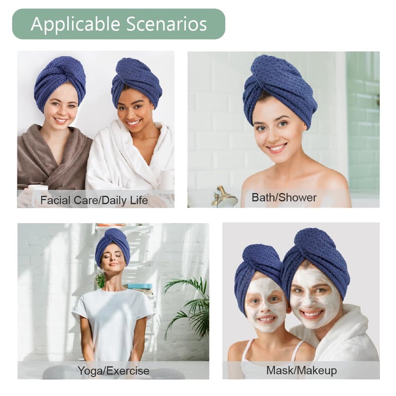 Dolwis Microfiber Hair Drying Towel - 2Packs Waffle Long Hair Head Turban Wraps Terry Cloth Fast Absorbent Dry Anti Frizz Twist Plopping Curly Shower Turban for Women Wet Hair (Dark Blue) - Image 4